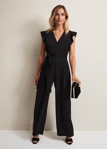 Phase Eight Kallie Ruffled Wide Leg Jumpsuit Black USA | 6312489-TH